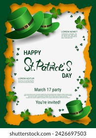 St.Patrick's Day vector flyer template. White background with clover leaves and design elements