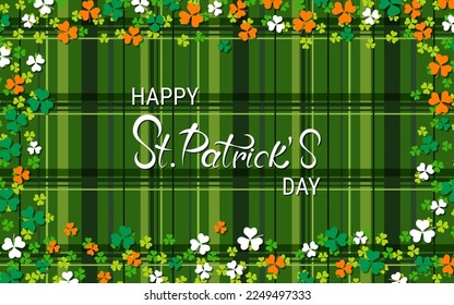 St.Patrick's Day vector illustration. Green plaid background with colorful clover leaves and elegant lettering