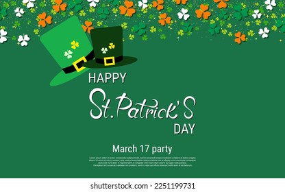 St.Patrick's Day vector illustration. Green background with colorful clover leaves, elegant lettering and leprechaun hats