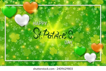 St.Patrick's Day vector illustration. Green background with colorful clover leaves, elegant lettering and frame