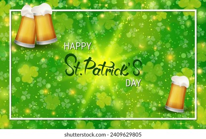 St.Patrick's Day vector illustration. Green background with colorful clover leaves, elegant lettering and frame