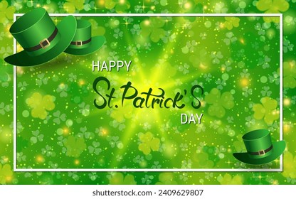 St.Patrick's Day vector illustration. Green background with colorful clover leaves, elegant lettering and frame