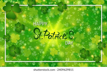 St.Patrick's Day vector illustration. Green background with colorful clover leaves, elegant lettering and frame