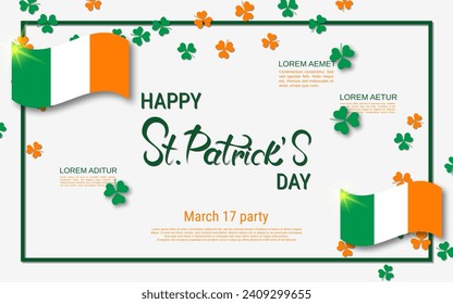 St.Patrick's Day vector illustration. White background with colorful clover leaves, elegant lettering and frame