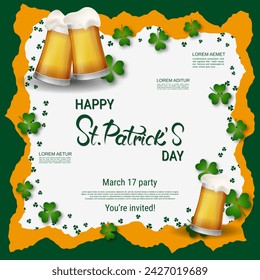 St.Patrick's Day vector illustration. White background with clover leaves and design elements