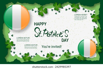 St.Patrick's Day vector illustration. White background with clover leaves and design elements