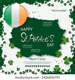 Día de San Patricio ilustración vectorial. Fondo blanco-verde con hojas de trébol y elementos de diseño