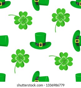 St.Patricks day. Vector seamless pattern with green hat and clover leaves