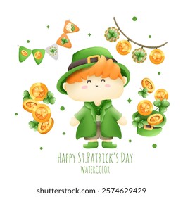 St.Patrick's Day watercolor elements isolated on white background. Vector illustration.