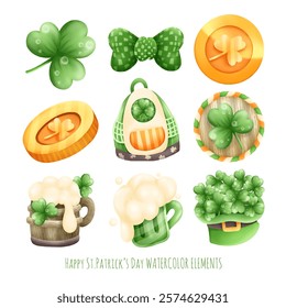 St.Patrick's Day watercolor elements isolated on white background. Vector illustration.