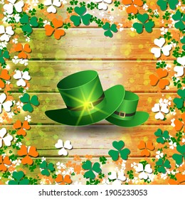 St.Patrick's Day wooden vector background with colorful clover leaves and green leprechaun hat