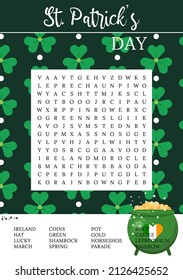 St.Patrick's Day word search puzzle. School party activity card. Logic educational game for learning English words. Printable trivia game, holiday crossword. Suitable for social media post. 