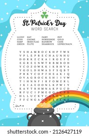 St.Patrick's Day word search puzzle. School party activity card. Logic educational game for learning English words. Printable trivia game, holiday crossword. Suitable for social media post. 