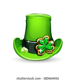 st.Patrick's Day's symbol emerald clover on hat. Isolated on white background.