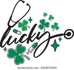 St.Patrick's Lucky Nurse Stethoscope T-Shirt Design Gift For Irish Nurse