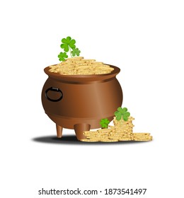 St.Patrick's Pot with gold coin with Irish shamrock leaves. 3d mesh vector clover leaves, Isolated on white background, Irish symbol Good Luck, Simple design for the site, shop, magazine and