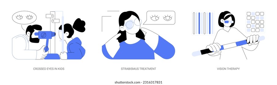 Strabismus diagnosis abstract concept vector illustration set. Crossed eyes in kids, strabismus treatment, vision therapy, pediatric ophthalmology, kid with eye patch abstract metaphor.