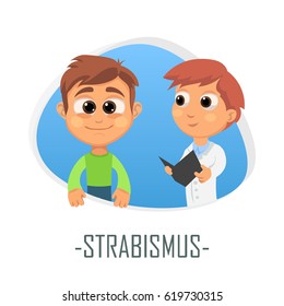 Strabismus medical concept. Vector illustration. Doctor and patient are talking in the hospital. Isolated on white background.