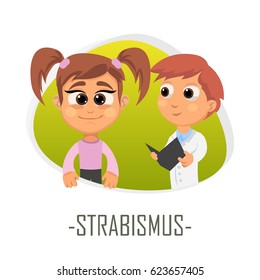 Strabismus medical concept. Vector illustration. Doctor and patient are talking in the hospital. Isolated on white background.