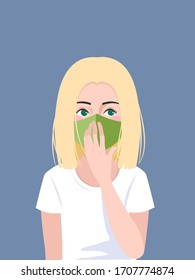 straigh blond hair woman is wearing her mask to protect herself from virus, bacteria, P.M. 2.5 etc. health care person isolate on blue background.