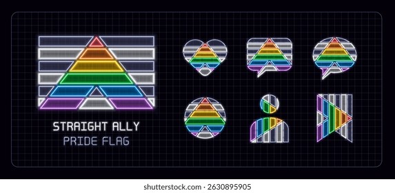 Straight ally pride flag icon set, neon glow visuals. Pride month flag, gender identity and expression theme.