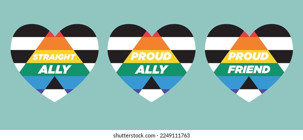 
Straight Ally - Proud Ally - Proud Friend -Straight Ally LGBTQA+ Flag - Heart-shaped vector - Rainbow, black and white