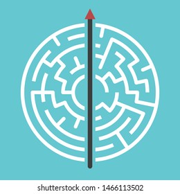 Straight arrow going right through maze on turquoise blue. Simple straightforward solution, creativity, strength, obstinacy, decision and courage concept. Flat design. Eps 8 vector illustration