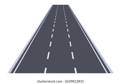 Straight asphalt road stretching into the horizon against a white background, featuring perspective lines and white dashed markings that divide the lanes, symbolizing endless journeys