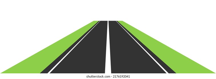 Straight asphalt road with white markings. Roadway trip symbol. Perspective highway traffic with vertical lines. Vector isolated on white.