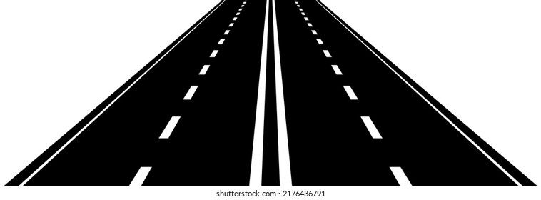 Straight asphalt road with white markings. Roadway trip symbol. Perspective highway traffic with vertical lines. Vector isolated on white.
