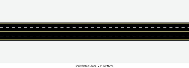 Straight asphalt road with yellow and white lines. Seamless horizontal highway. Street in city for car. Path with two lanes. Black track for traffic of transport. Vector illustration. Eps file 45.
