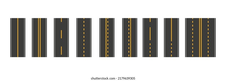 Straight asphalt roads set. Roadway trip symbol collection. Highway traffic with yellow markings. Vector isolated on white.