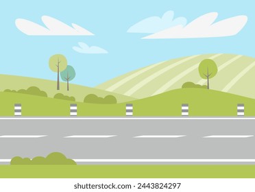 Straight asphalted road through countryside. Vector illustration. Green hill with trees and bushes, blue sky on background. Summer landscape concept.