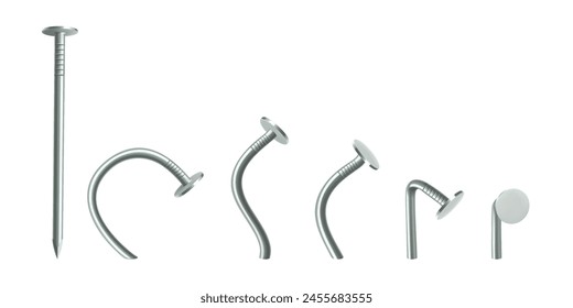 Straight and bent metal nails isolated on white background. Steel and iron curved nail pins and heads. Metallic hardware set. Industrial equipment or tool for fixing or repairing. Realistic 3d vector