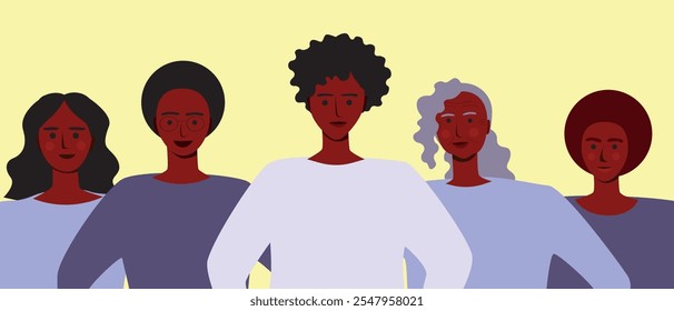 Mujeres rectas de BIPOS juntas como unidad y feminismo como concepto del día internacional de la mujer, ilustración de stock de Vector plano con perfecta imperfección