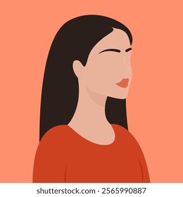 straight black hair woman illustration vector, flat style female side portrait