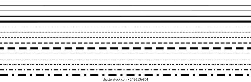 Gerade schwarze Linien, einfache und gepunktete Linien, eine Reihe von Streifen von dünnen zu dicken Linien. Isoliert.