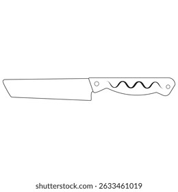 Straight bold blade. Thick ergonomic handle. Professional kitchen tool. Black outline drawing.
