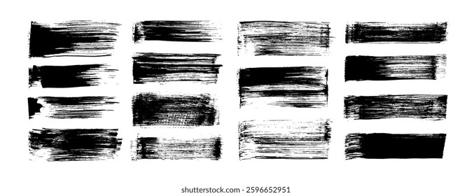 Straight bold brush strokes collection. Hand drawn bold lines, thick marker highlights. Black hand drawn stripes, calligraphy smears. Vector paint brush strokes, horizontal grunge lines and rectangles