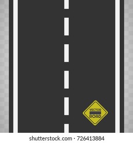 Straight car road with white continuous and discontinuous strip markings. Vector illustration highway texture with yellow road sign