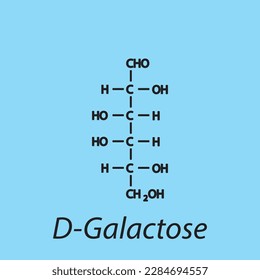 Straight chain form chemical structure of D-Galactose sugar. Scientific vector illustration on blue background.