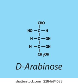 Geringe Kette bildet chemische Struktur von D-Arabinose Zucker. Wissenschaftliche Vektorgrafik auf blauem Hintergrund.
