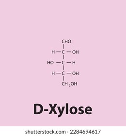 Estructura química de la cadena recta del azúcar D-Xylosa. Ilustración vectorial científica sobre fondo rosa.