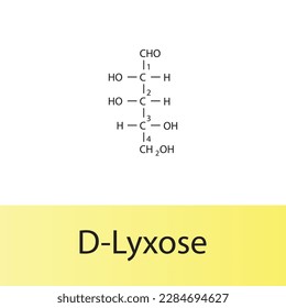 Estructura química de la cadena recta del azúcar D-Lyxose. Ilustración vectorial científica sobre fondo blanco y amarillo, numeración de carbono.