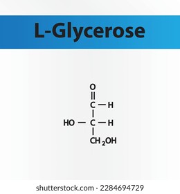 Geringe Kette bildet chemische Struktur von L-Glycerose Zucker. Wissenschaftliche Vektorgrafik auf weißem und blauem Hintergrund.
