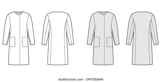 Straight coat technical fashion illustration with long sleeves, oversized body, knee length, hide closure. Flat jacket template front, back, white, grey color style. Women, men, unisex top CAD mockup