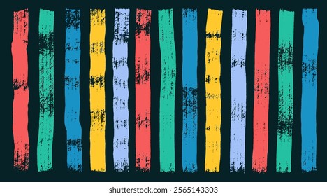 Straight colored thick lines painted with dry brush on canvas set. Grunge marker highlight. Vector paint bold brush strokes, hand drawn thick grunge. Sketchy bold vertical lines on a black background.