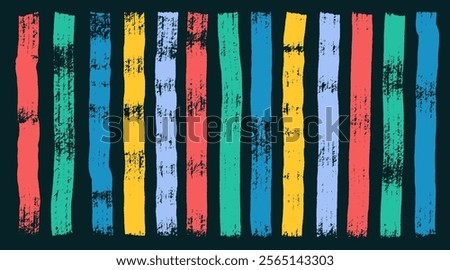Straight colored thick lines painted with dry brush on canvas set. Grunge marker highlight. Vector paint bold brush strokes, hand drawn thick grunge. Sketchy bold vertical lines on a black background.