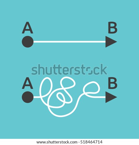 Straight and complicated paths from A to B on blue background. Problem, solution and choice concept. Flat design. EPS 8 vector illustration, no transparency