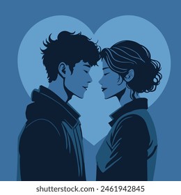 Straight couple, in silhouette, with a man and a woman, in front of a heart, simulating the moon, touching hands, in a modern and simple illustration style, with bluish colors